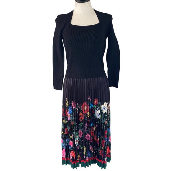 Dalia MacPhee Womens Skirt Dress Size Large Black Knit Accordian Floral New - Picture 1 of 9